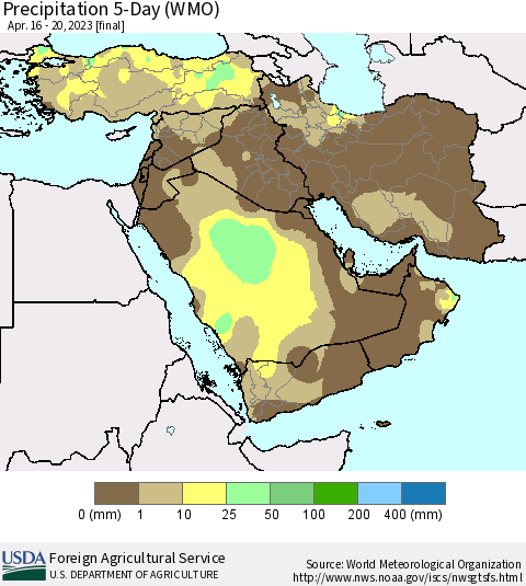 Middle East and Turkey Precipitation 5-Day (WMO) Thematic Map For 4/16/2023 - 4/20/2023