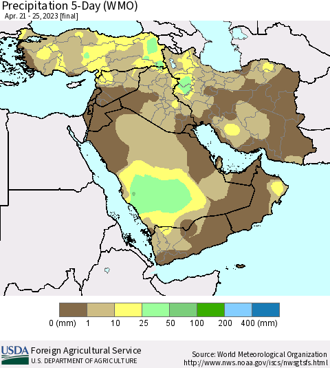 Middle East and Turkey Precipitation 5-Day (WMO) Thematic Map For 4/21/2023 - 4/25/2023