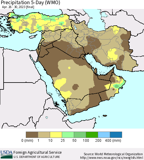 Middle East and Turkey Precipitation 5-Day (WMO) Thematic Map For 4/26/2023 - 4/30/2023