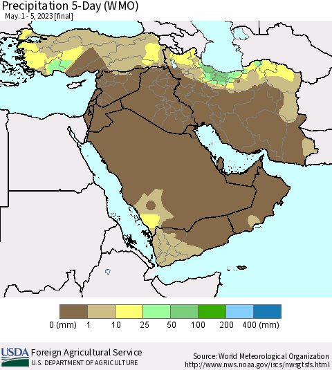 Middle East and Turkey Precipitation 5-Day (WMO) Thematic Map For 5/1/2023 - 5/5/2023