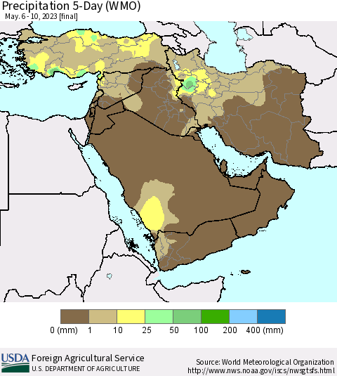 Middle East and Turkey Precipitation 5-Day (WMO) Thematic Map For 5/6/2023 - 5/10/2023