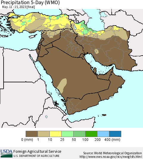 Middle East and Turkey Precipitation 5-Day (WMO) Thematic Map For 5/11/2023 - 5/15/2023