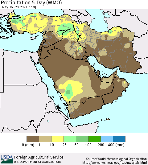 Middle East and Turkey Precipitation 5-Day (WMO) Thematic Map For 5/16/2023 - 5/20/2023