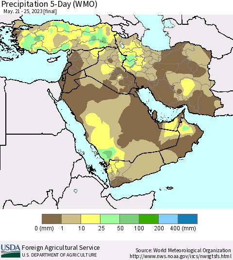 Middle East and Turkey Precipitation 5-Day (WMO) Thematic Map For 5/21/2023 - 5/25/2023