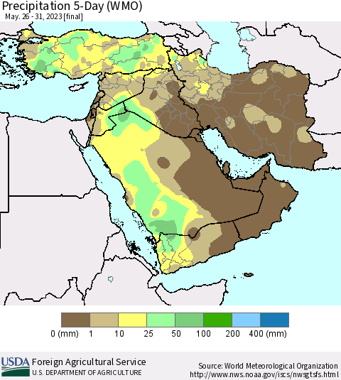 Middle East and Turkey Precipitation 5-Day (WMO) Thematic Map For 5/26/2023 - 5/31/2023