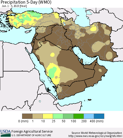 Middle East and Turkey Precipitation 5-Day (WMO) Thematic Map For 6/1/2023 - 6/5/2023