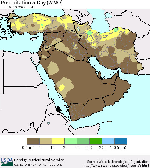 Middle East and Turkey Precipitation 5-Day (WMO) Thematic Map For 6/6/2023 - 6/10/2023