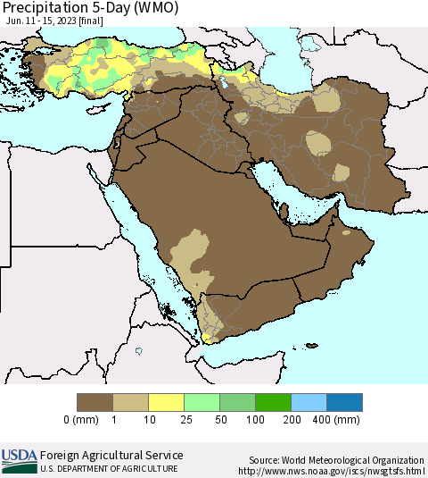 Middle East and Turkey Precipitation 5-Day (WMO) Thematic Map For 6/11/2023 - 6/15/2023
