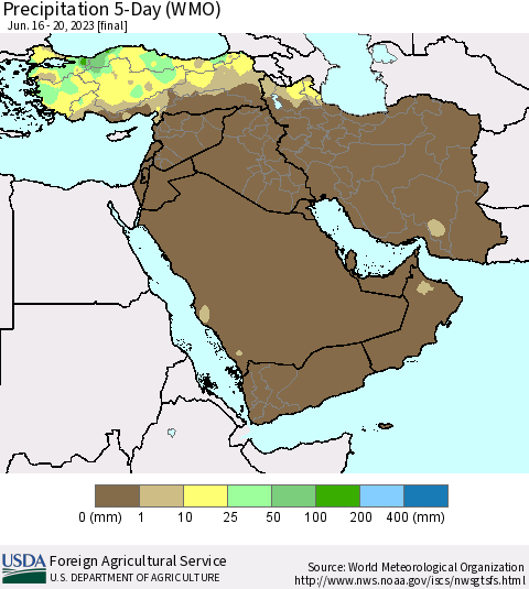 Middle East and Turkey Precipitation 5-Day (WMO) Thematic Map For 6/16/2023 - 6/20/2023
