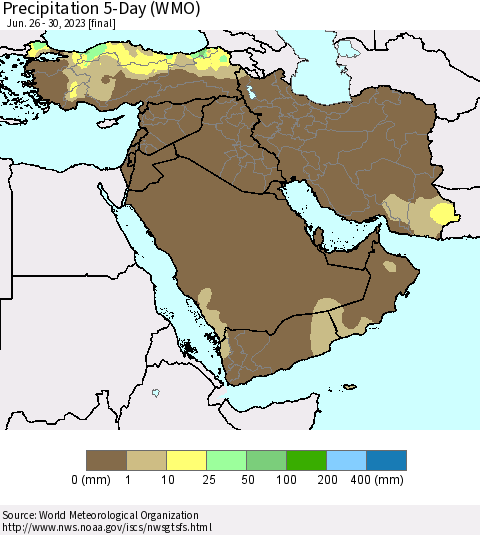 Middle East and Turkey Precipitation 5-Day (WMO) Thematic Map For 6/26/2023 - 6/30/2023