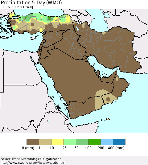 Middle East and Turkey Precipitation 5-Day (WMO) Thematic Map For 7/6/2023 - 7/10/2023