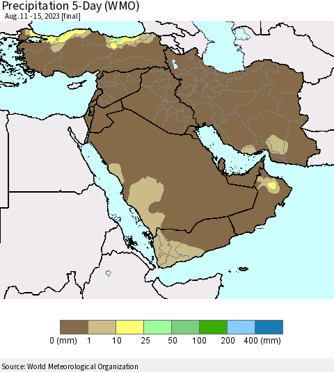 Middle East and Turkey Precipitation 5-Day (WMO) Thematic Map For 8/11/2023 - 8/15/2023