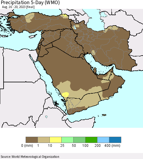 Middle East and Turkey Precipitation 5-Day (WMO) Thematic Map For 8/16/2023 - 8/20/2023