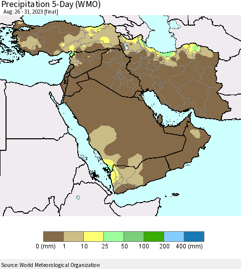 Middle East and Turkey Precipitation 5-Day (WMO) Thematic Map For 8/26/2023 - 8/31/2023