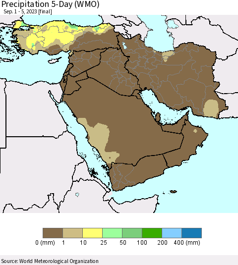 Middle East and Turkey Precipitation 5-Day (WMO) Thematic Map For 9/1/2023 - 9/5/2023
