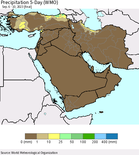 Middle East and Turkey Precipitation 5-Day (WMO) Thematic Map For 9/6/2023 - 9/10/2023