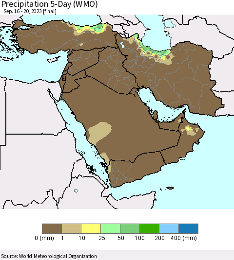 Middle East and Turkey Precipitation 5-Day (WMO) Thematic Map For 9/16/2023 - 9/20/2023