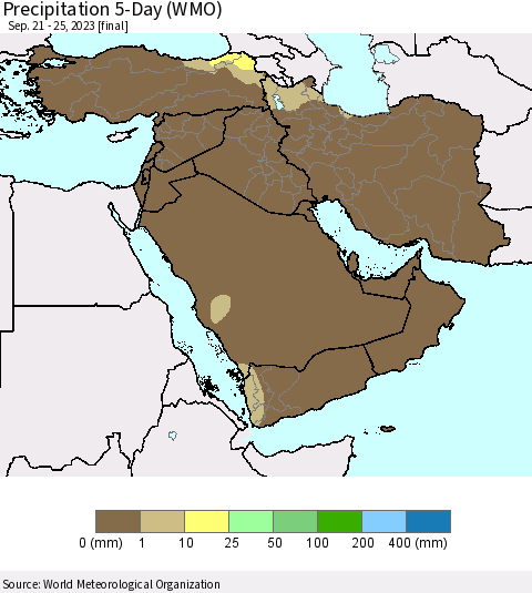 Middle East and Turkey Precipitation 5-Day (WMO) Thematic Map For 9/21/2023 - 9/25/2023