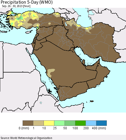 Middle East and Turkey Precipitation 5-Day (WMO) Thematic Map For 9/26/2023 - 9/30/2023