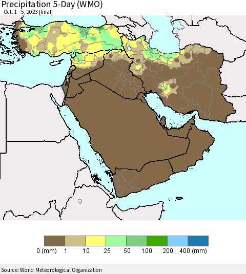 Middle East and Turkey Precipitation 5-Day (WMO) Thematic Map For 10/1/2023 - 10/5/2023