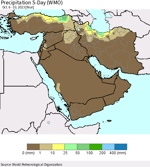 Middle East and Turkey Precipitation 5-Day (WMO) Thematic Map For 10/6/2023 - 10/10/2023