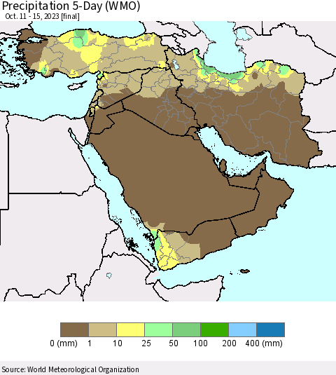 Middle East and Turkey Precipitation 5-Day (WMO) Thematic Map For 10/11/2023 - 10/15/2023