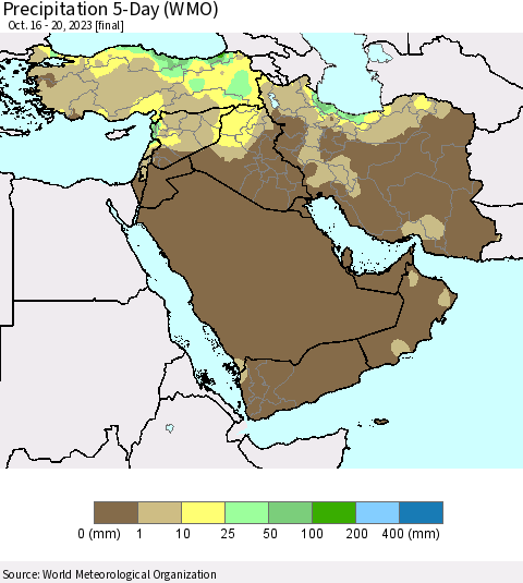 Middle East and Turkey Precipitation 5-Day (WMO) Thematic Map For 10/16/2023 - 10/20/2023