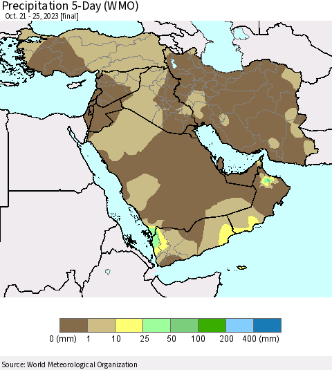 Middle East and Turkey Precipitation 5-Day (WMO) Thematic Map For 10/21/2023 - 10/25/2023