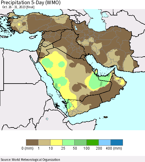 Middle East and Turkey Precipitation 5-Day (WMO) Thematic Map For 10/26/2023 - 10/31/2023
