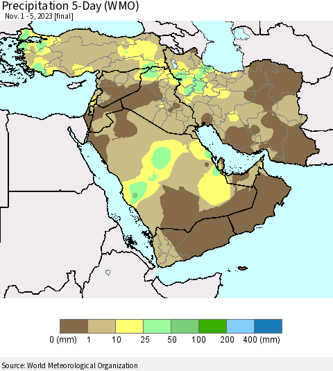 Middle East and Turkey Precipitation 5-Day (WMO) Thematic Map For 11/1/2023 - 11/5/2023