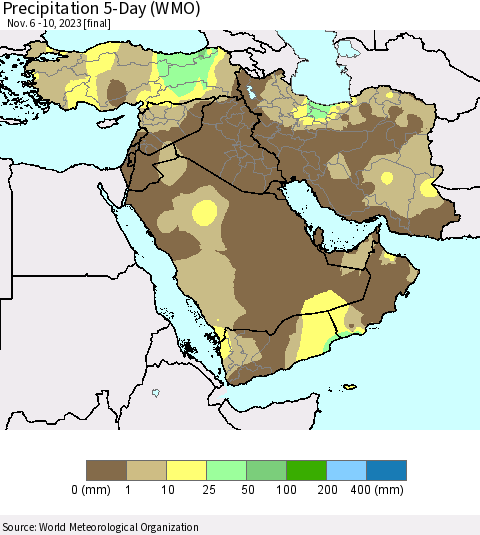 Middle East and Turkey Precipitation 5-Day (WMO) Thematic Map For 11/6/2023 - 11/10/2023