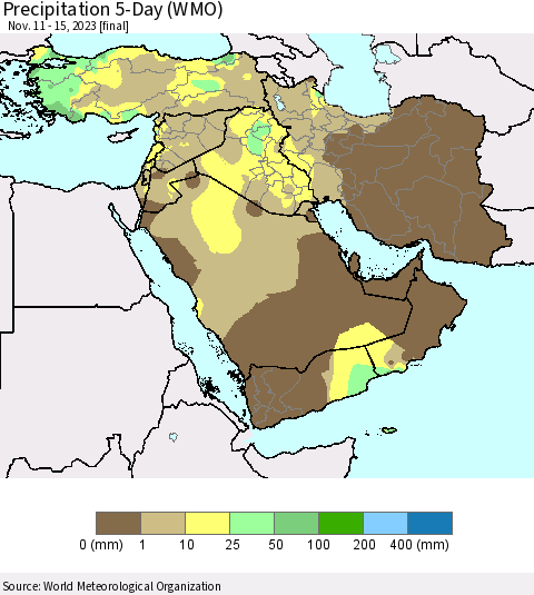 Middle East and Turkey Precipitation 5-Day (WMO) Thematic Map For 11/11/2023 - 11/15/2023