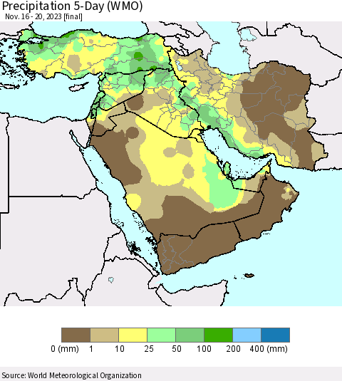Middle East and Turkey Precipitation 5-Day (WMO) Thematic Map For 11/16/2023 - 11/20/2023