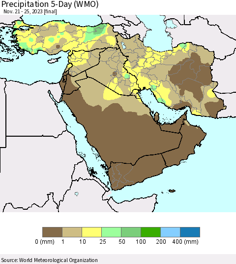 Middle East and Turkey Precipitation 5-Day (WMO) Thematic Map For 11/21/2023 - 11/25/2023