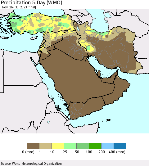 Middle East and Turkey Precipitation 5-Day (WMO) Thematic Map For 11/26/2023 - 11/30/2023