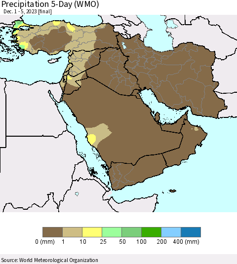 Middle East and Turkey Precipitation 5-Day (WMO) Thematic Map For 12/1/2023 - 12/5/2023