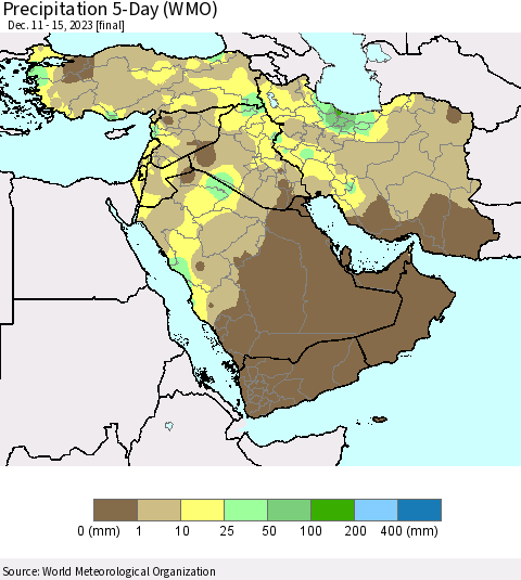 Middle East and Turkey Precipitation 5-Day (WMO) Thematic Map For 12/11/2023 - 12/15/2023