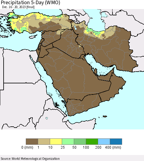 Middle East and Turkey Precipitation 5-Day (WMO) Thematic Map For 12/16/2023 - 12/20/2023