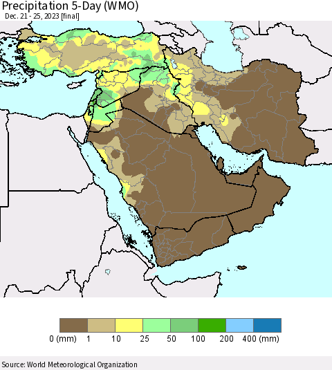 Middle East and Turkey Precipitation 5-Day (WMO) Thematic Map For 12/21/2023 - 12/25/2023
