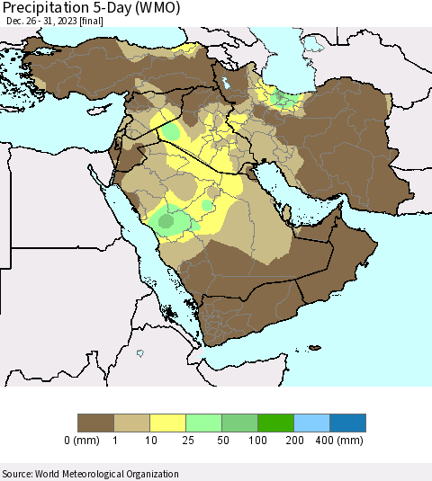 Middle East and Turkey Precipitation 5-Day (WMO) Thematic Map For 12/26/2023 - 12/31/2023