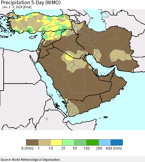 Middle East and Turkey Precipitation 5-Day (WMO) Thematic Map For 1/1/2024 - 1/5/2024