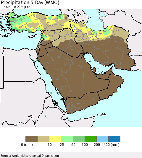 Middle East and Turkey Precipitation 5-Day (WMO) Thematic Map For 1/6/2024 - 1/10/2024