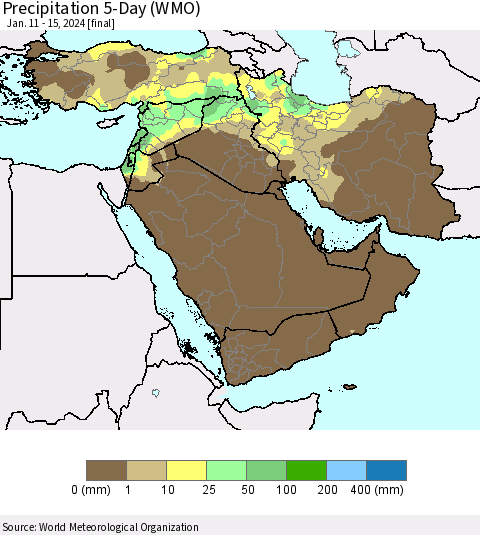 Middle East and Turkey Precipitation 5-Day (WMO) Thematic Map For 1/11/2024 - 1/15/2024