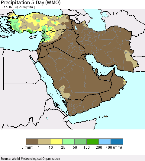 Middle East and Turkey Precipitation 5-Day (WMO) Thematic Map For 1/16/2024 - 1/20/2024