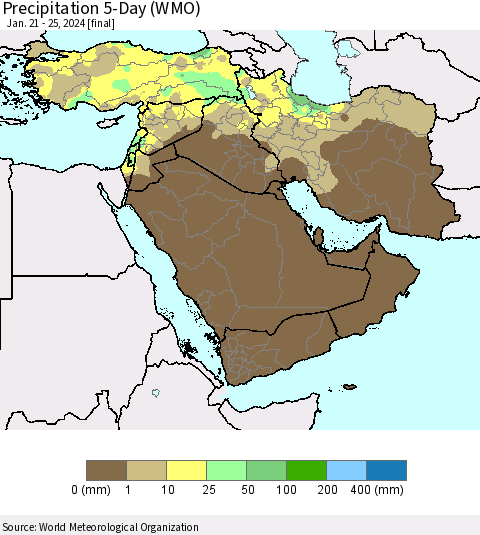 Middle East and Turkey Precipitation 5-Day (WMO) Thematic Map For 1/21/2024 - 1/25/2024