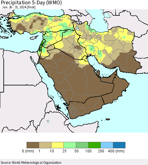 Middle East and Turkey Precipitation 5-Day (WMO) Thematic Map For 1/26/2024 - 1/31/2024