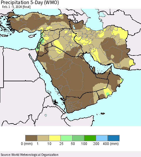 Middle East and Turkey Precipitation 5-Day (WMO) Thematic Map For 2/1/2024 - 2/5/2024