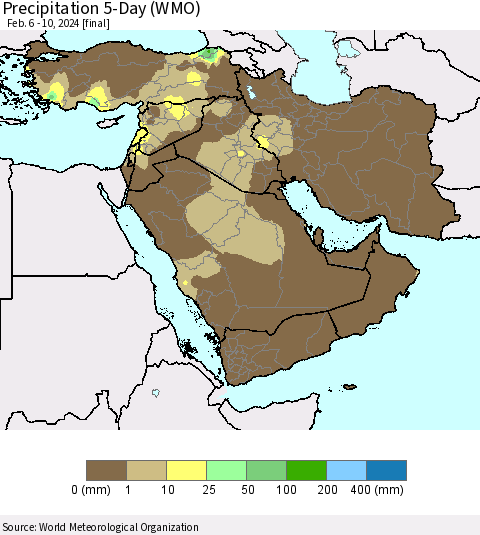 Middle East and Turkey Precipitation 5-Day (WMO) Thematic Map For 2/6/2024 - 2/10/2024
