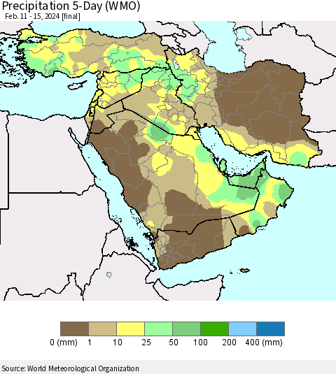 Middle East and Turkey Precipitation 5-Day (WMO) Thematic Map For 2/11/2024 - 2/15/2024
