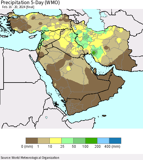 Middle East and Turkey Precipitation 5-Day (WMO) Thematic Map For 2/16/2024 - 2/20/2024